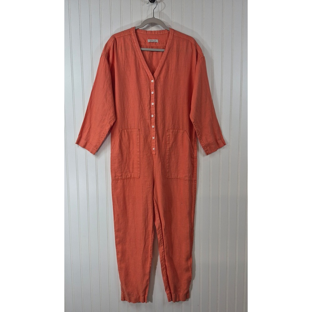 Outerknown SEA Suit 100% Linen Jumpsuit Coral Orange Button Front Medium